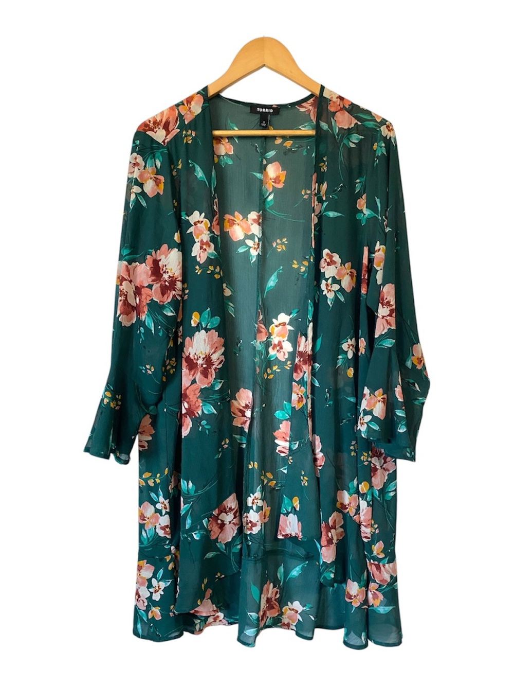 Torrid Green Floral Chiffon Ruffle Sleeve open Kimono Cardigan Plus Size 1X